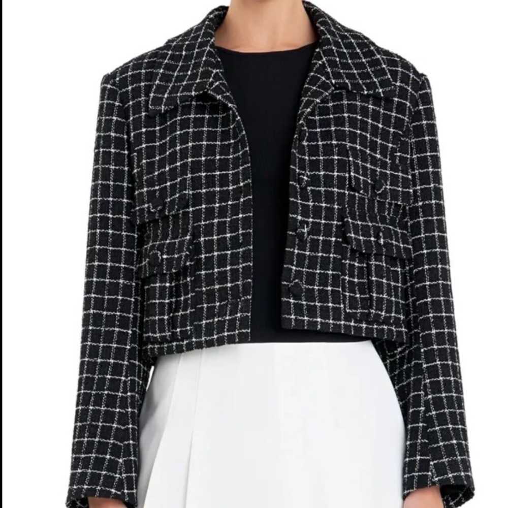 English Factory Black Windowpane Check Tweed Crop Blazer Women’s Size S